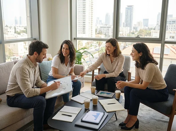 צוות עובדים במהלך מפגש הכשרה פיננסית באווירה מקצועית, נעימה ושיתופית במשרד מודרני
